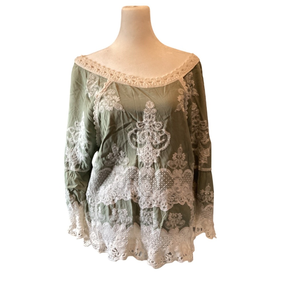 Democracy Women Peasant Crochet Lace Trim Top M Cottagecore Sage Shabby Chic